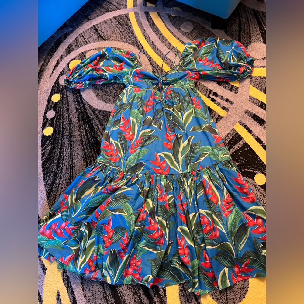 FARM Rio Blue and Green Tropical Print Balloon Sleeves Maxi Dress S - Picture 15 of 16